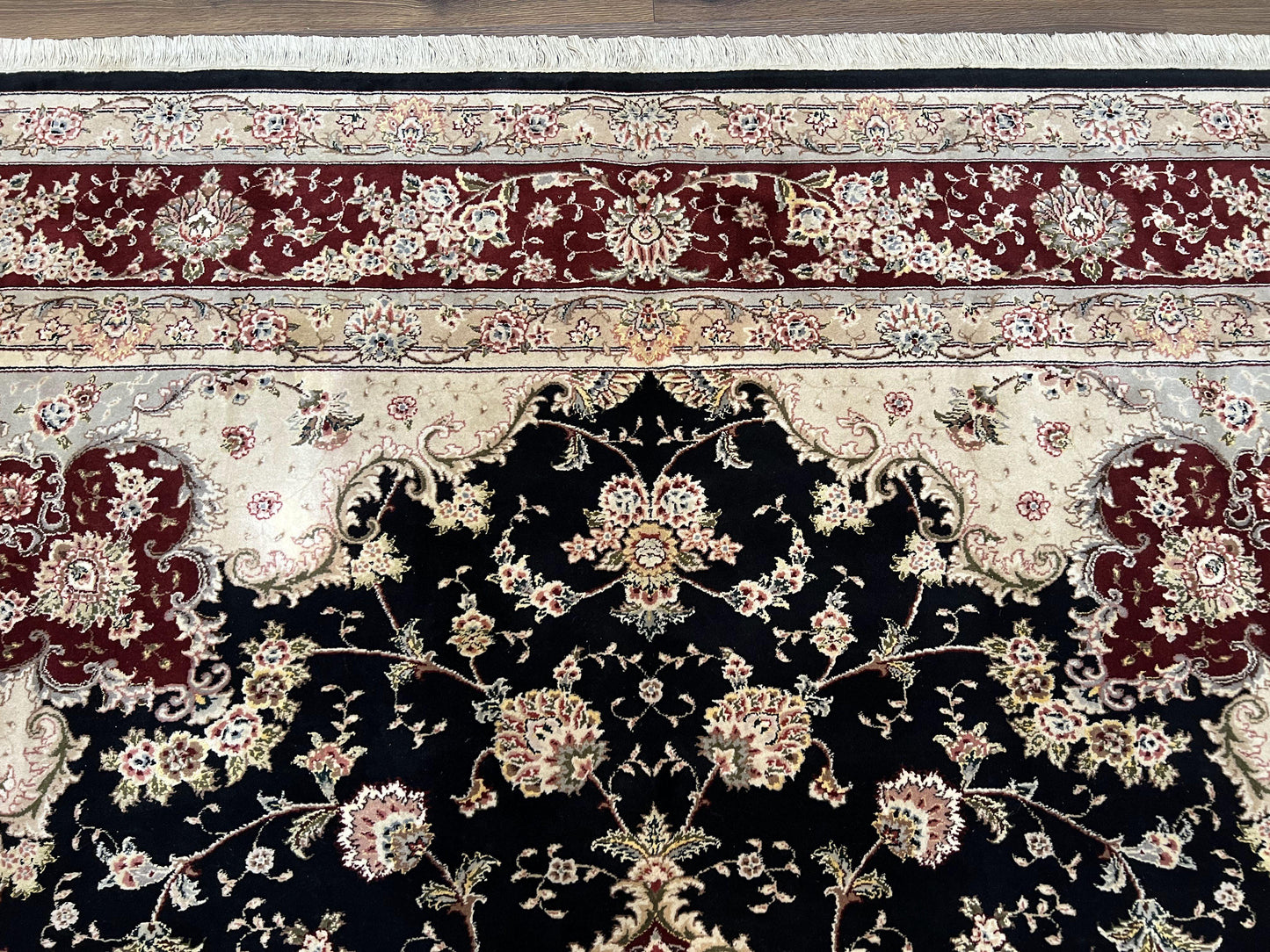 Pak Persian Rug 8.8 x 10.6, Floral Medallion, Wool and Silk Hand Knotted Fine Oriental Carpet, Elegant Rug, Black Gray Burgundy, Room Sized - Nuvé