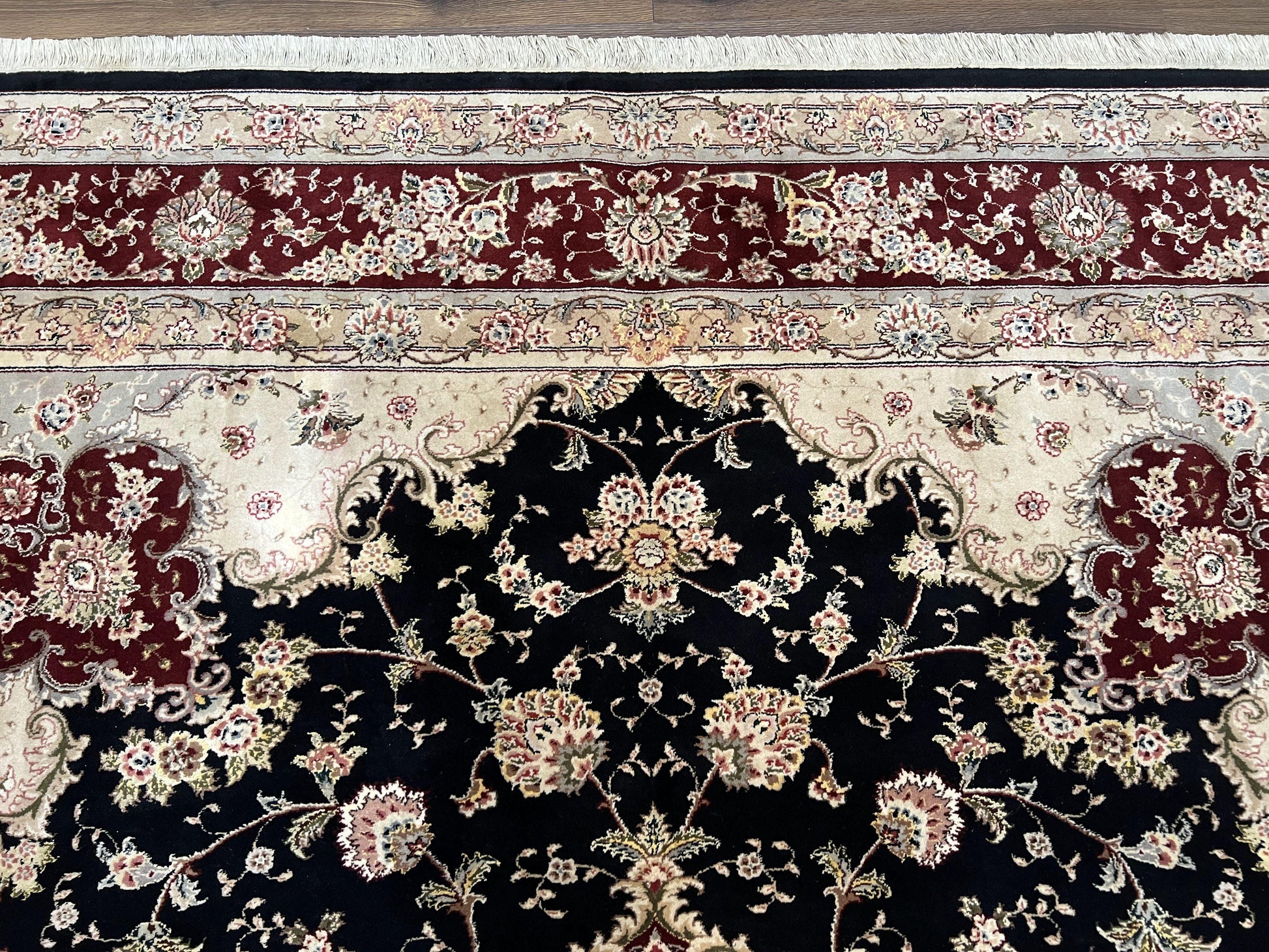 Pak Persian Rug 8.8 x 10.6, Floral Medallion, Wool and Silk Hand Knotted Fine Oriental Carpet, Elegant Rug, Black Gray Burgundy, Room Sized - Nuvé