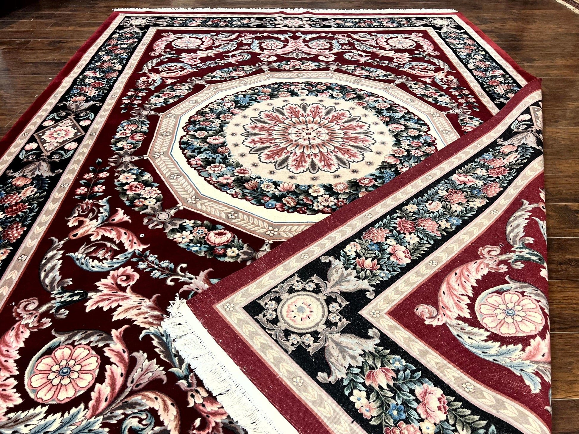 Chinese Aubusson Rug 9x12, Burgundy, Handmade Vintage Wool Carpet, Fine 210 KPSI, Elegant European Design - Nuvé