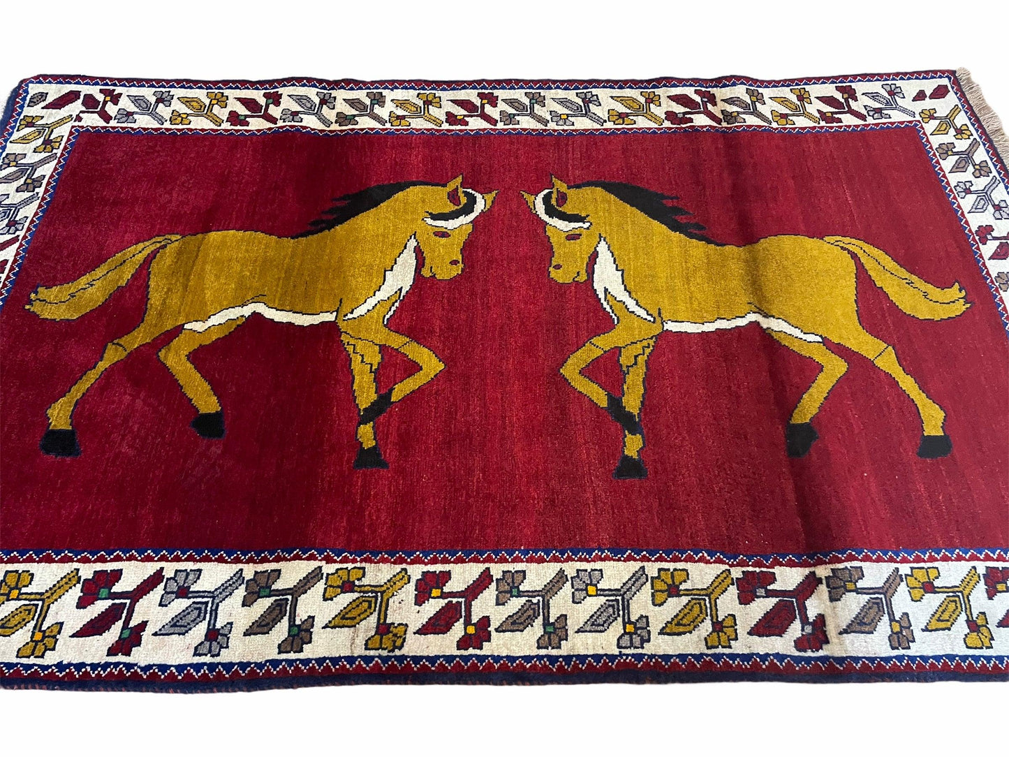4 X 7 Handmade Hand-Knotted Quality Wool Rug Horses Zagros Red Mustard Gold New - Nuvé