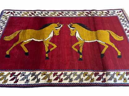 4 X 7 Handmade Hand-Knotted Quality Wool Rug Horses Zagros Red Mustard Gold New - Nuvé