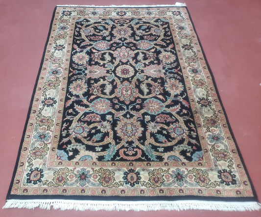 Vintage Indo Persian Mahal Area Rug 4x6, Wool Hand-Knotted Midnight Blue & Ivory Floral Design Indian Carpet, 4 x 6 Traditional Oriental Rug - Nuvé