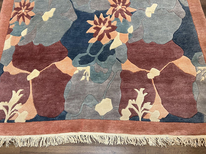 Modern Tibetan Rug 5.7 x 7.9, Abstract Multicolor Flower Pattern, Navy Blue Maroon Salmon, Soft Wool, Hand Knotted Contemporary Carpet 6x8 - Nuvé