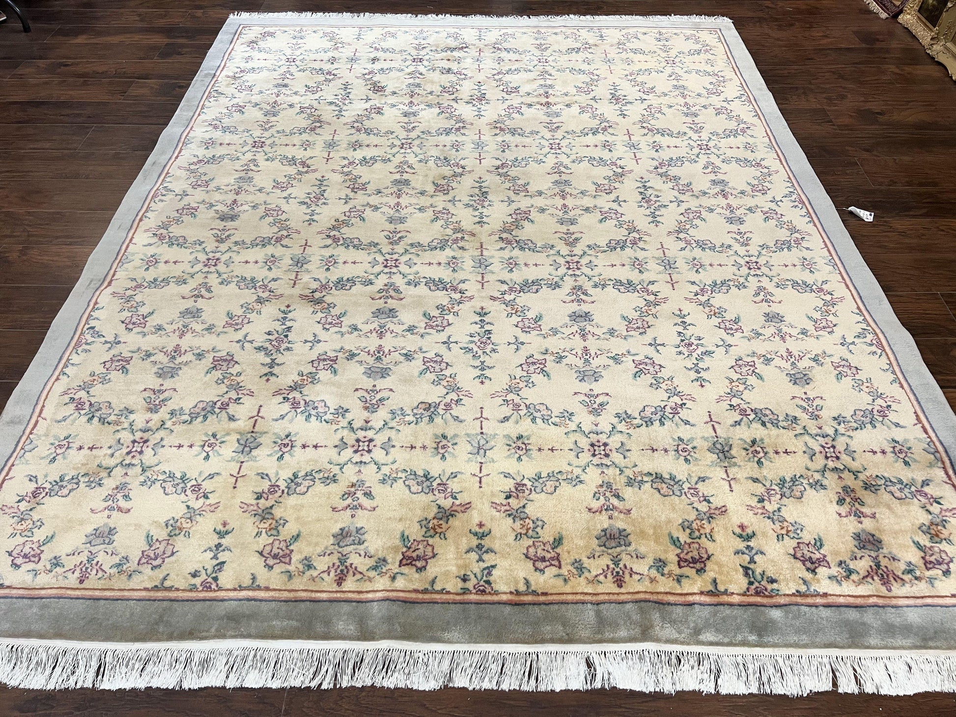 Sino Persian Rug 8x10, Floral, Oatmeal and Light Teal, Handmade Wool Vintage Carpet - Nuvé