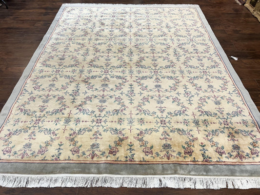 Sino Persian Rug 8x10, Floral, Oatmeal and Light Teal, Handmade Wool Vintage Carpet - Nuvé