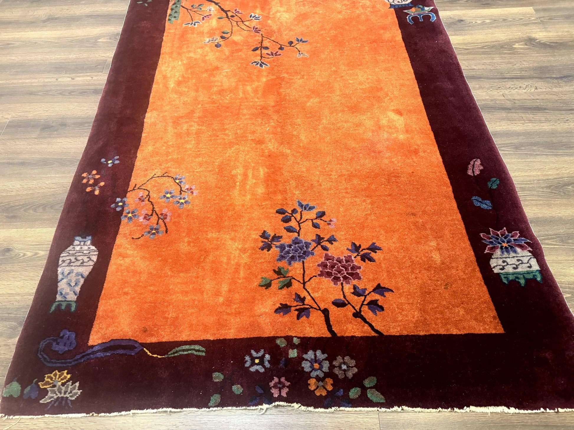 Chinese Art Deco Rug 5x8, Antique Chinese Wool Rug, Nichols Rug, Rare Chinese Carpet, Orange and Purple-Maroon - Nuvé