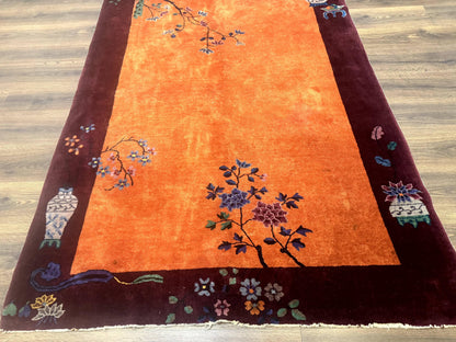 Chinese Art Deco Rug 5x8, Antique Chinese Wool Rug, Nichols Rug, Rare Chinese Carpet, Orange and Purple-Maroon - Nuvé