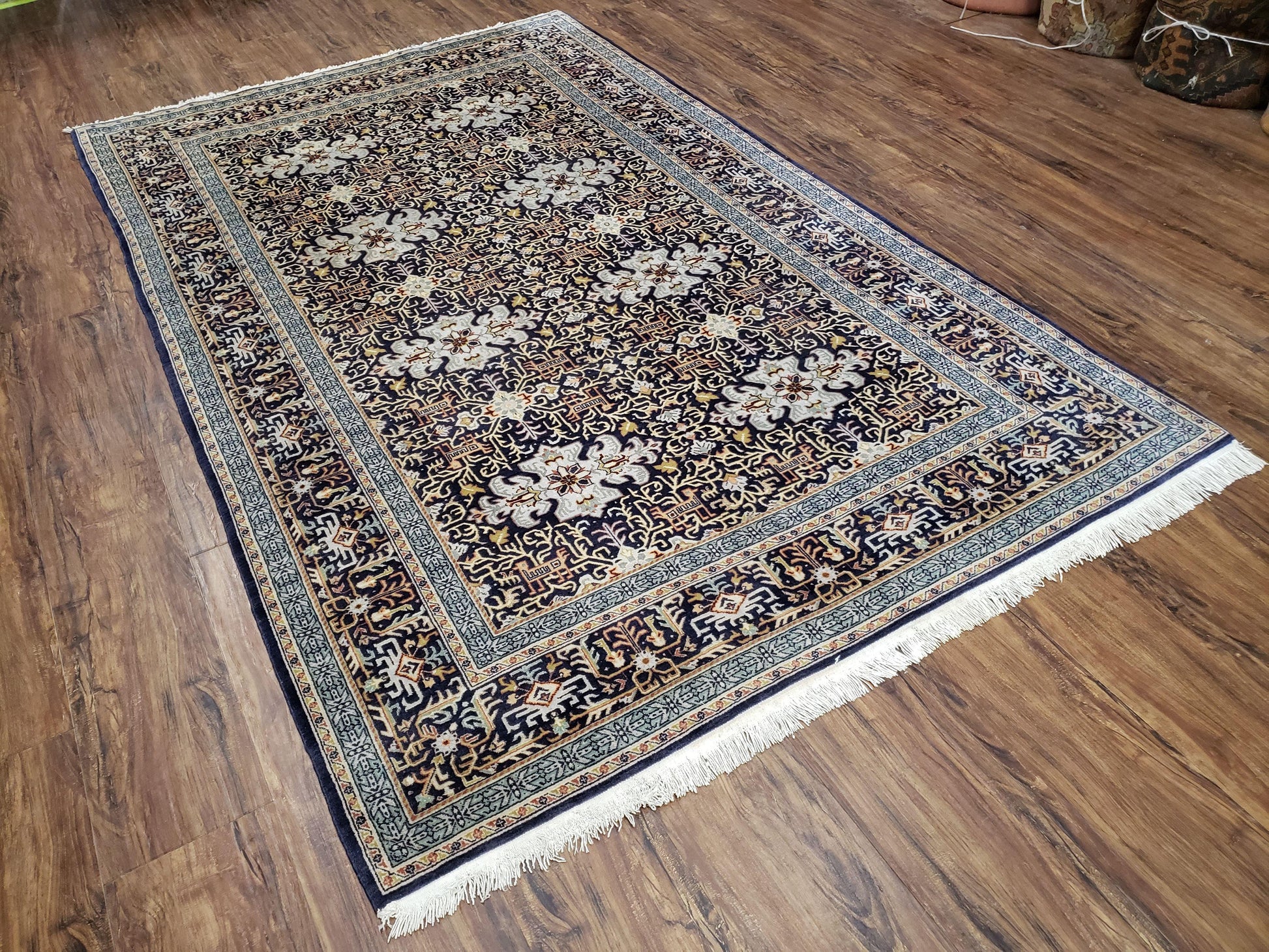 Persian Kashan Rug, Navy Blue, Hand-Knotted, Wool, 4' 8" x 7' 4", Pair A - Nuvé