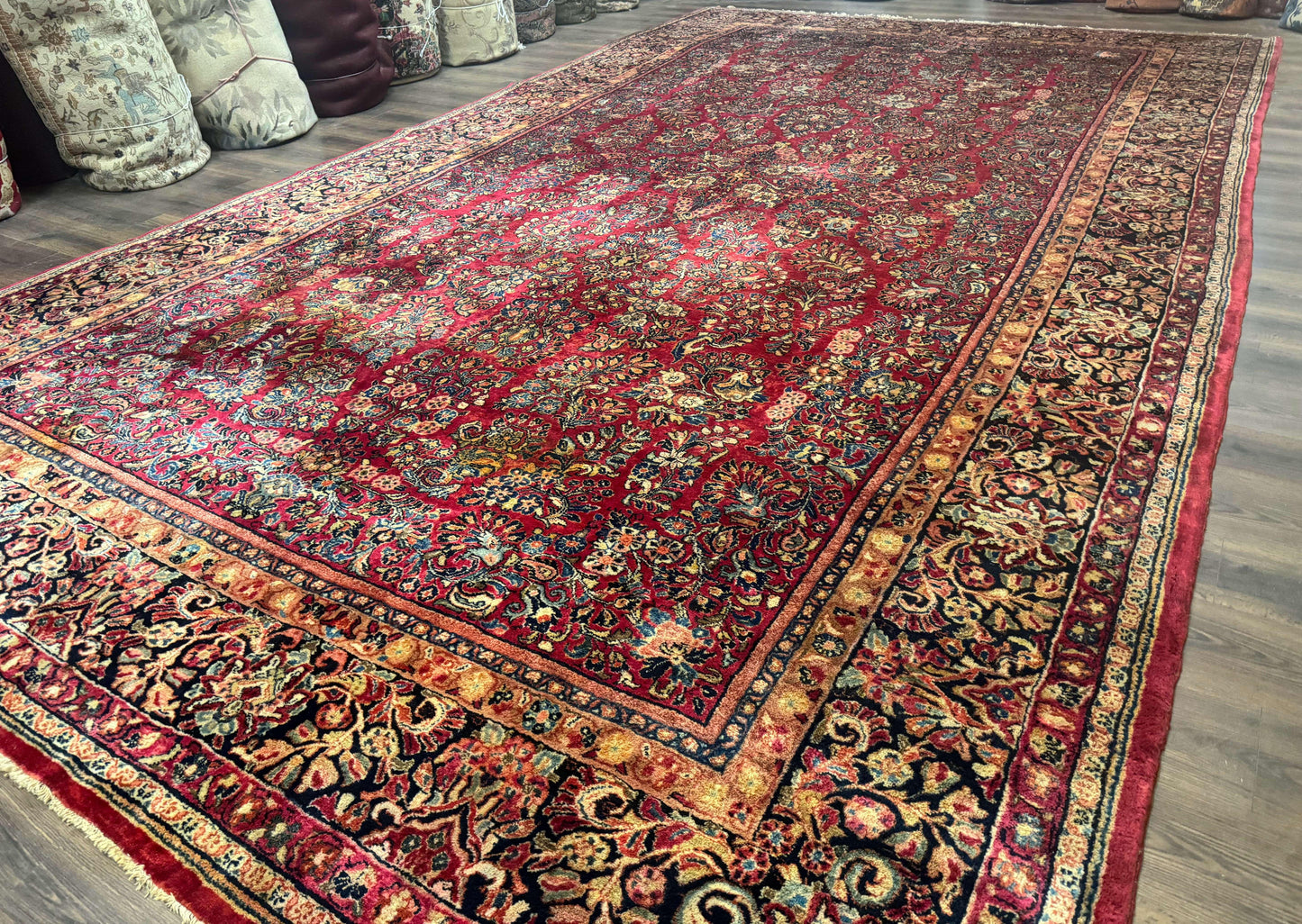 Persian Sarouk Rug 10x18, Palace Size Antique Persian Carpet, Wool, Red, Floral, Handmade Traditional Persian Rug, Extra Large Rug - Nuvé