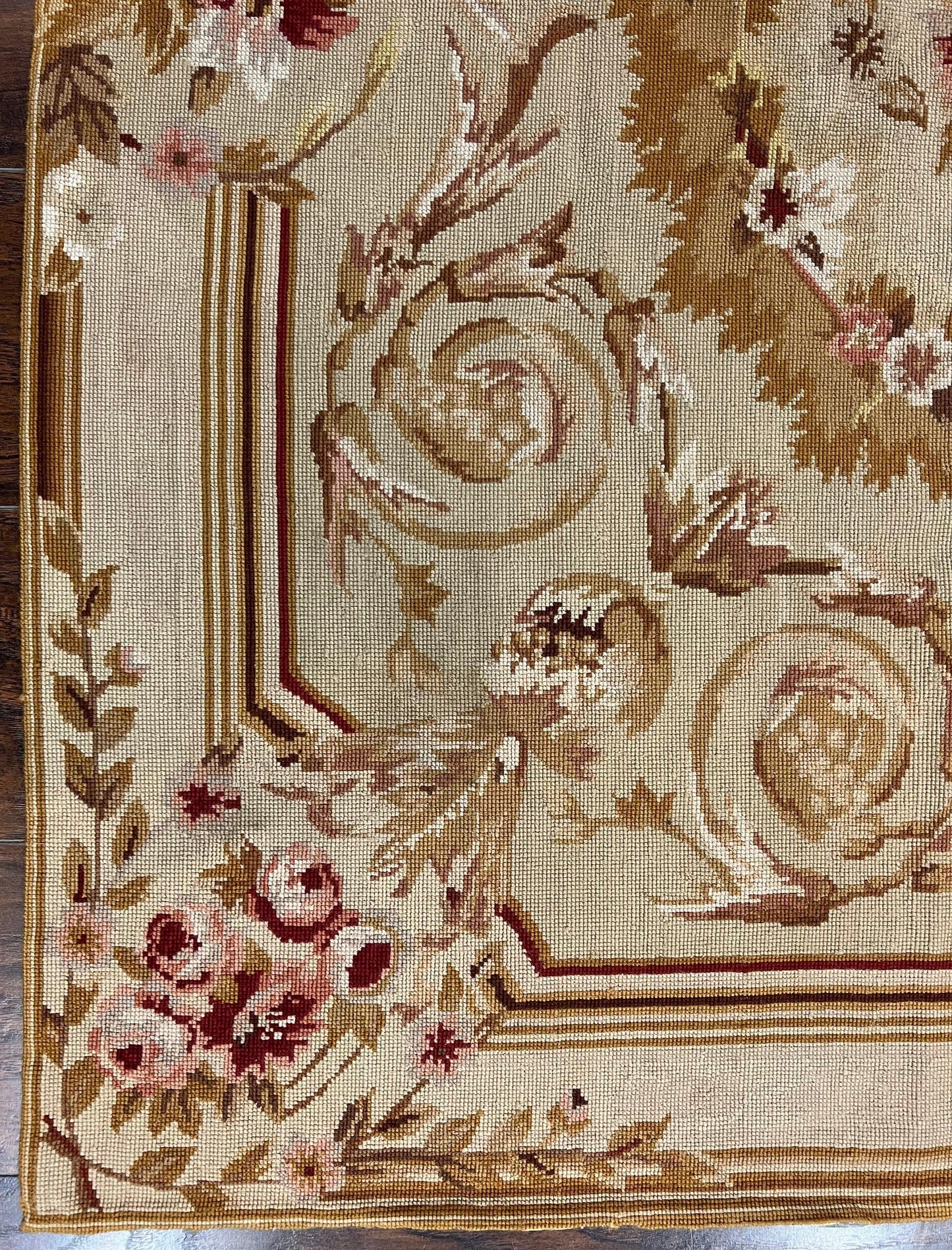 Aubusson Needlepoint Rug 4x5 ft, Beige and Tan, Aubusson Savonnerie Vintage Carpet, Handwoven Handmade Wool Rug, European Design Floral Rose - Nuvé