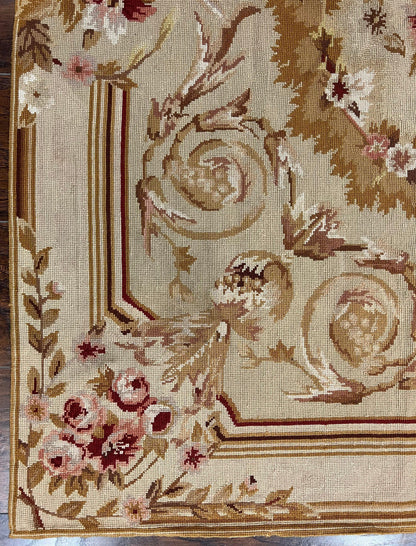 Aubusson Needlepoint Rug 4x5 ft, Beige and Tan, Aubusson Savonnerie Vintage Carpet, Handwoven Handmade Wool Rug, European Design Floral Rose - Nuvé