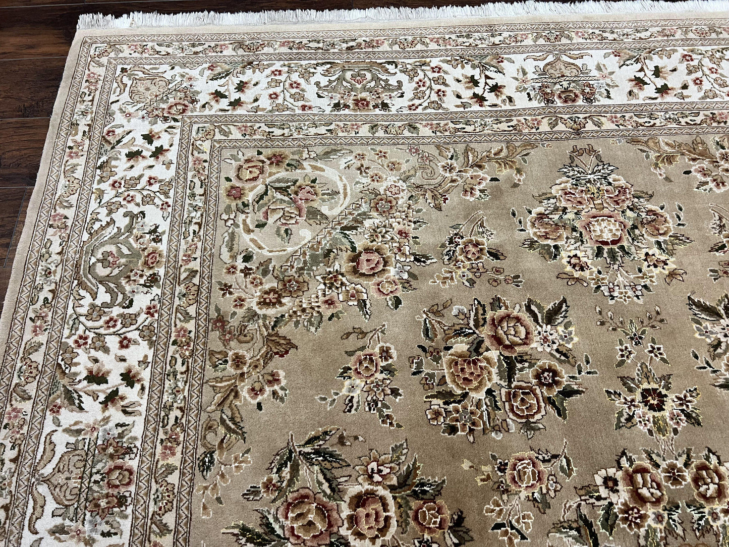 Sino Persian Rug 8x10, Soft Wool, Silk Highlights, Hand Knotted Vintage Carpet, Taupe & Ivory, Floral, Traditional Rug 8 x 10 - Nuvé