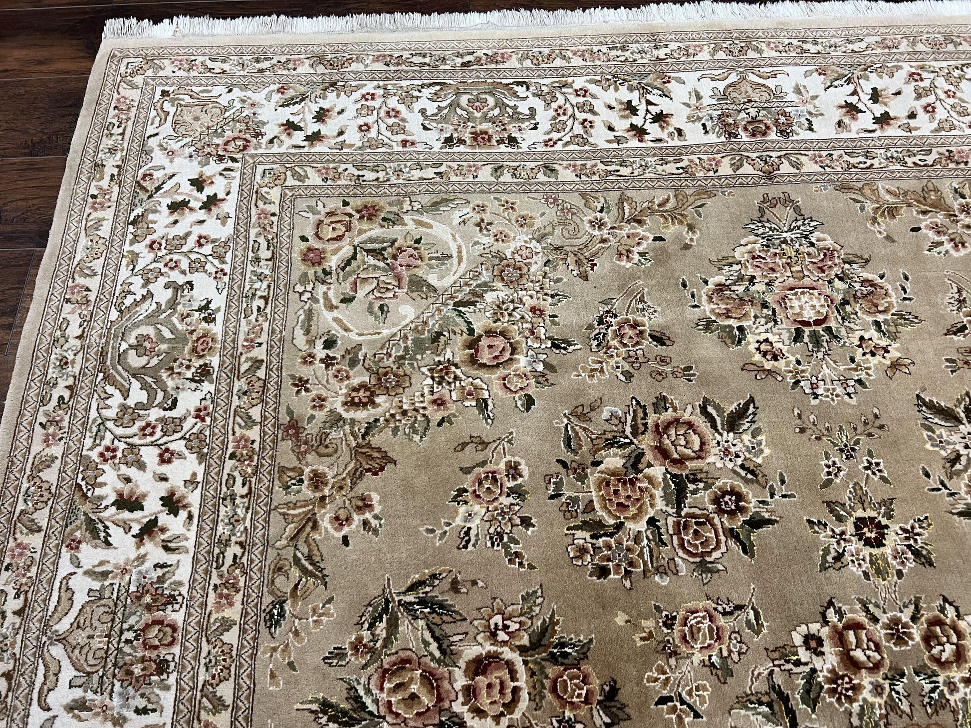 Sino Persian Rug 8x10, Soft Wool, Silk Highlights, Hand Knotted Vintage Carpet, Taupe & Ivory, Floral, Traditional Rug 8 x 10 - Nuvé