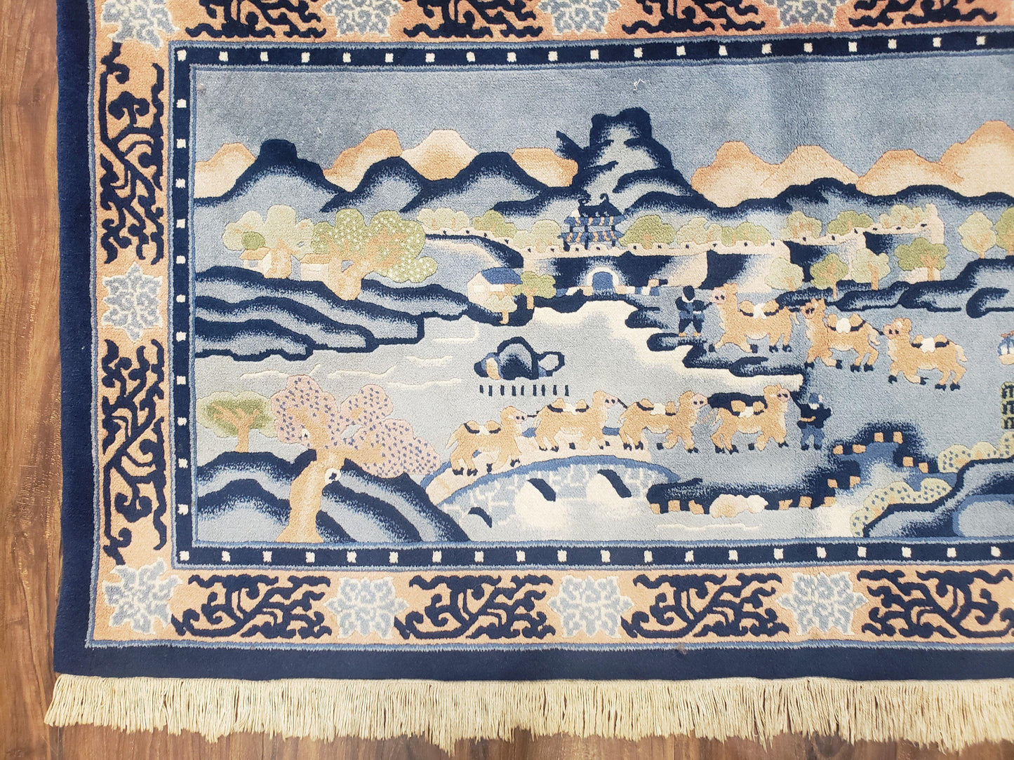 Vintage Chinese Pictorial Rug 2'4" x 4' 7", Chinese Village, Wool Hand-Knotted Blue & Teal Fine Carpet, Tapestry Rug, Woven Wall Art - Nuvé
