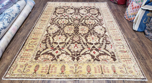 6x9 Vintage Decorative Rug, Brown & Light Gold Peshawar Area Rug, Mahal Sultanabad Hand-Knotted Farmhouse Rug, Wool Carpet, Pak-Persian Rug - Nuvé