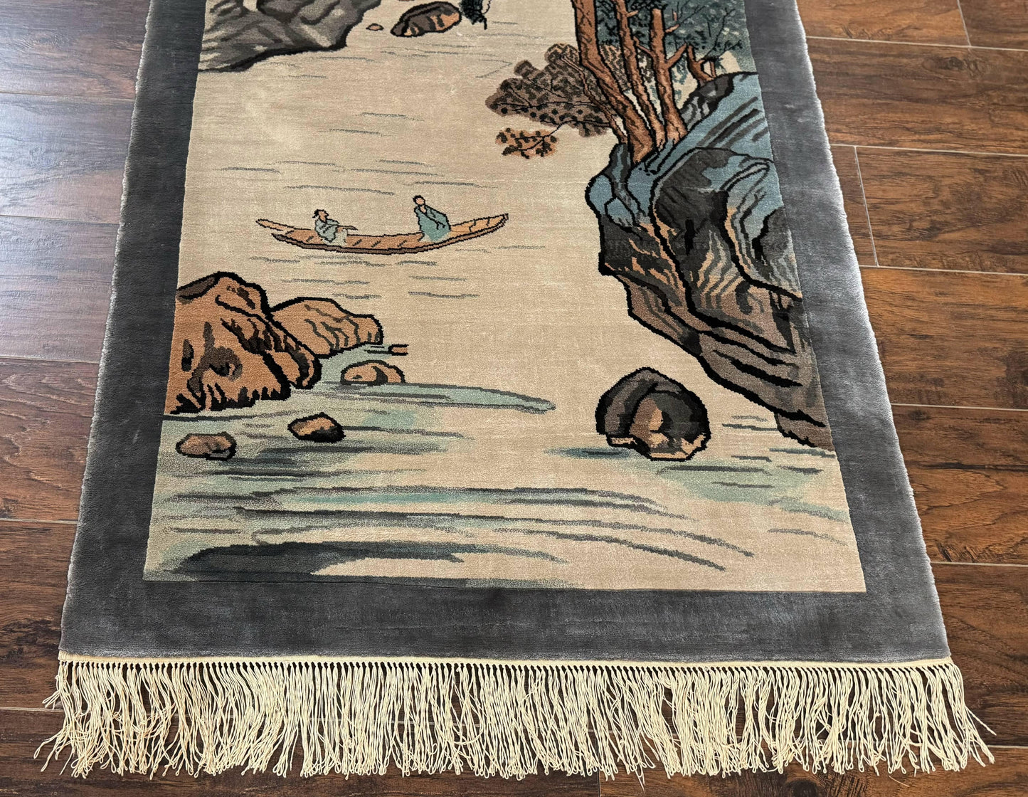 Chinese Silk Wall Hanging 3x5, Handmade, River and Boat Scene, Rug Tapestry - Nuvé