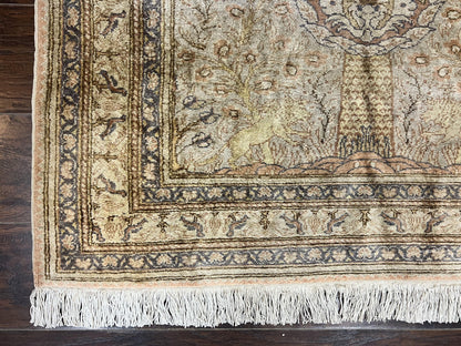 Turkish Kayseri Silk Rug 4x6, Tree of Life Pattern, Vintage Handmade Hand Knotted Carpet, Animal Pictorials, Birds - Nuvé
