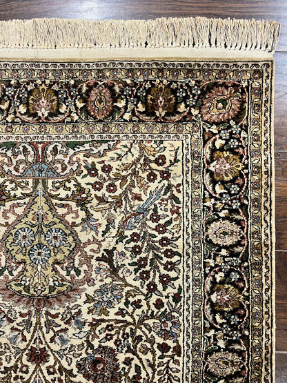 Turkish Kayseri Silk Rug 3x5, Tree of Life Silk Oriental Carpet, Birds Persian Vase Design, Hand Knotted Vintage Fine Rug, 340 KPSI - Nuvé