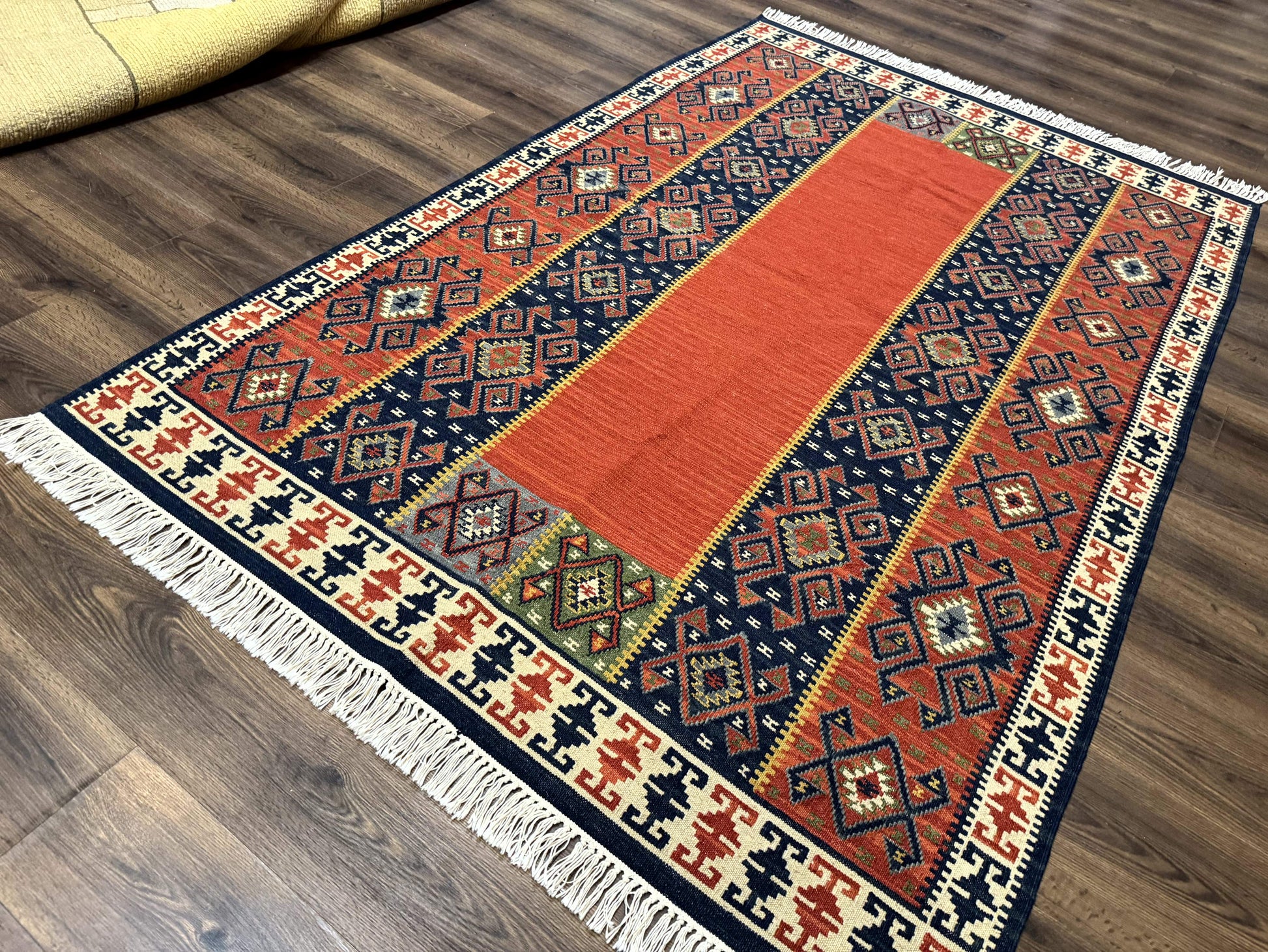 Turkish Kilim Rug 5x8, Flatweave Carpet, Handmade Bohemian Rug, Terracotta and Navy Blue - Nuvé