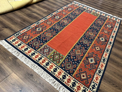 Turkish Kilim Rug 5x8, Flatweave Carpet, Handmade Bohemian Rug, Terracotta and Navy Blue - Nuvé