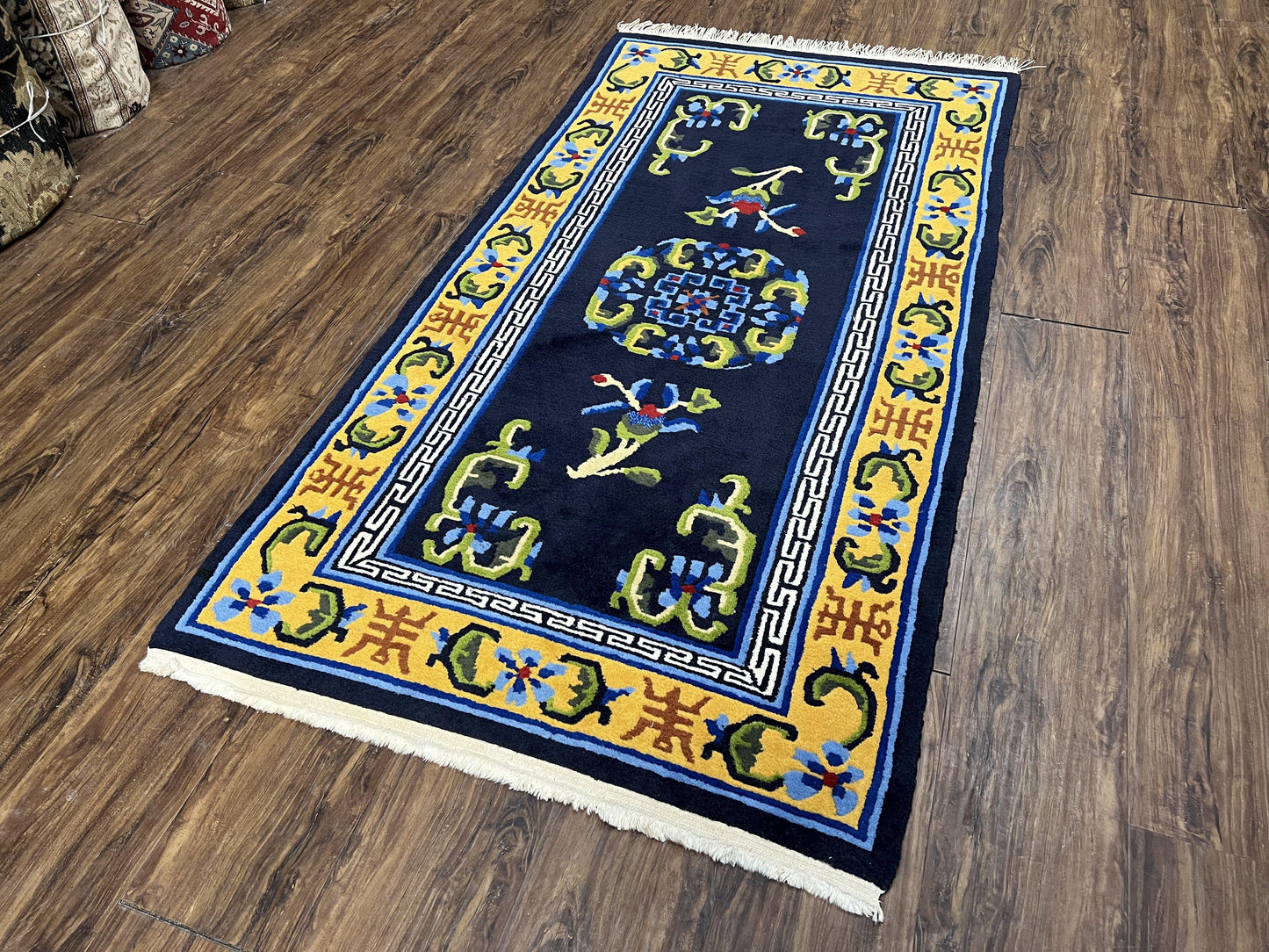 Chinese Art Deco Rug 3 x 5.9, Handmade Chinese Peking Carpet, Dark Blue and Gold, Medallion, Asian Oriental 3x6 Hand Knotted Vintage Rug - Nuvé