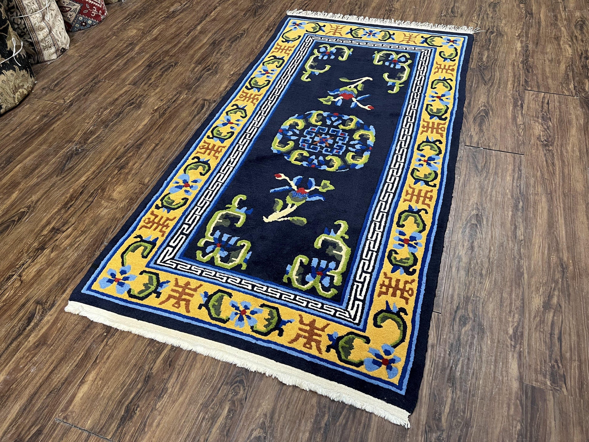 Chinese Art Deco Rug 3 x 5.9, Handmade Chinese Peking Carpet, Dark Blue and Gold, Medallion, Asian Oriental 3x6 Hand Knotted Vintage Rug - Nuvé
