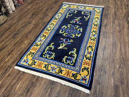 Chinese Art Deco Rug 3 x 5.9, Handmade Chinese Peking Carpet, Dark Blue and Gold, Medallion, Asian Oriental 3x6 Hand Knotted Vintage Rug - Nuvé