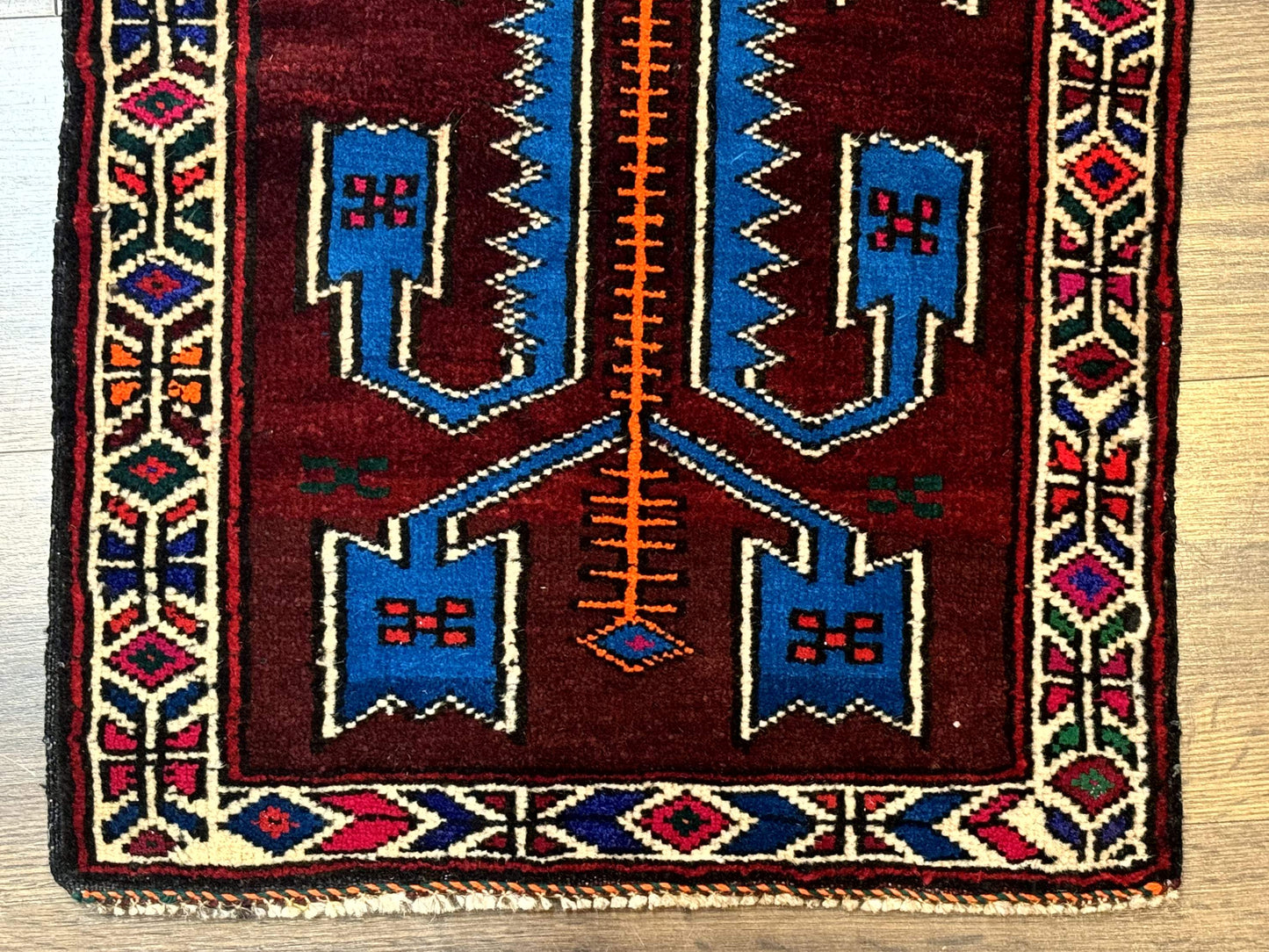 Persian Tribal Rug 1.8 x 2, Small Balouchi Rug, Unique Design, Burgundy and Blue - Nuvé