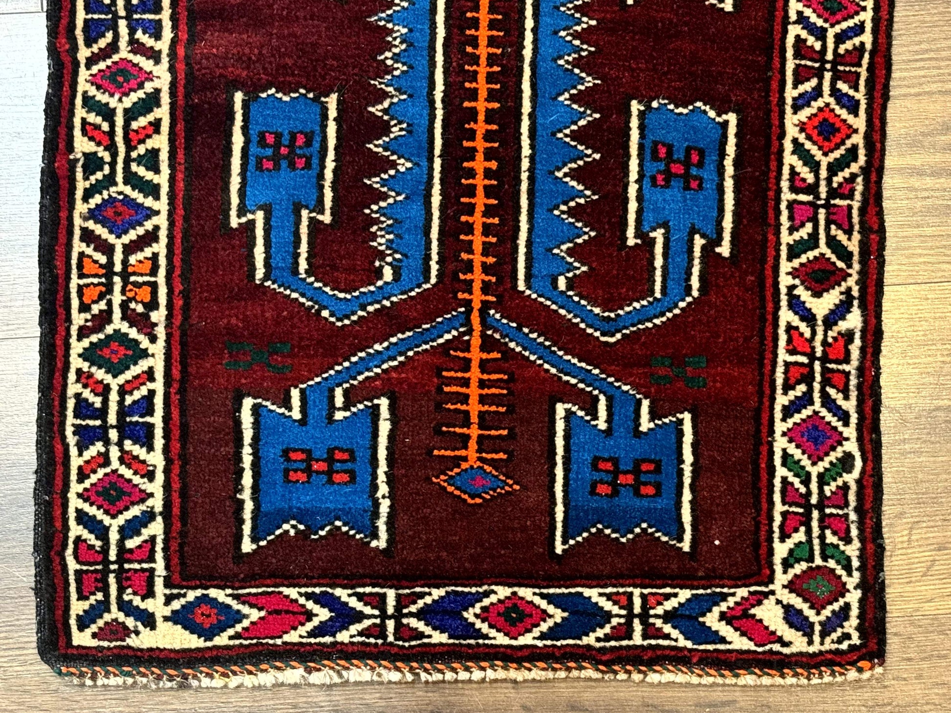 Persian Tribal Rug 1.8 x 2, Small Balouchi Rug, Unique Design, Burgundy and Blue - Nuvé