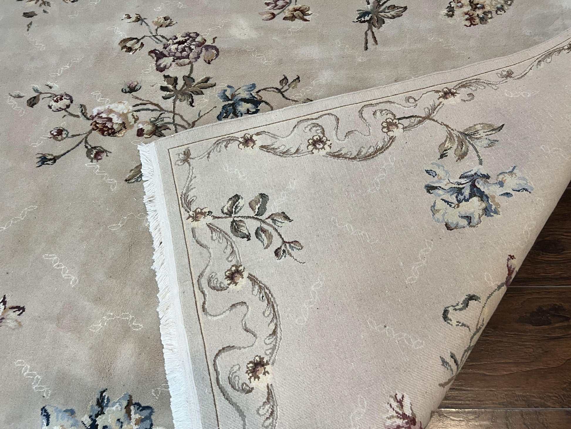 Chinese 120 Line Rug 8x10, Chinese Aubusson Wool & Silk Highlights Handmade Vintage Carpet, Beige Fine Weave Rug, Floral European Design - Nuvé