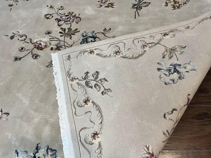 Chinese 120 Line Rug 8x10, Chinese Aubusson Wool & Silk Highlights Handmade Vintage Carpet, Beige Fine Weave Rug, Floral European Design - Nuvé