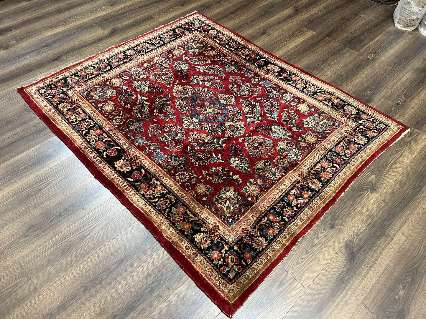 Rare Persian Almost Square Rug 6.3 x 5.3, Hand Knotted Wool Antique 1920s Sarouk Oriental Carpet, Red Navy Blue Beige, Floral Allover, 5x6 Area Rug - Nuvé