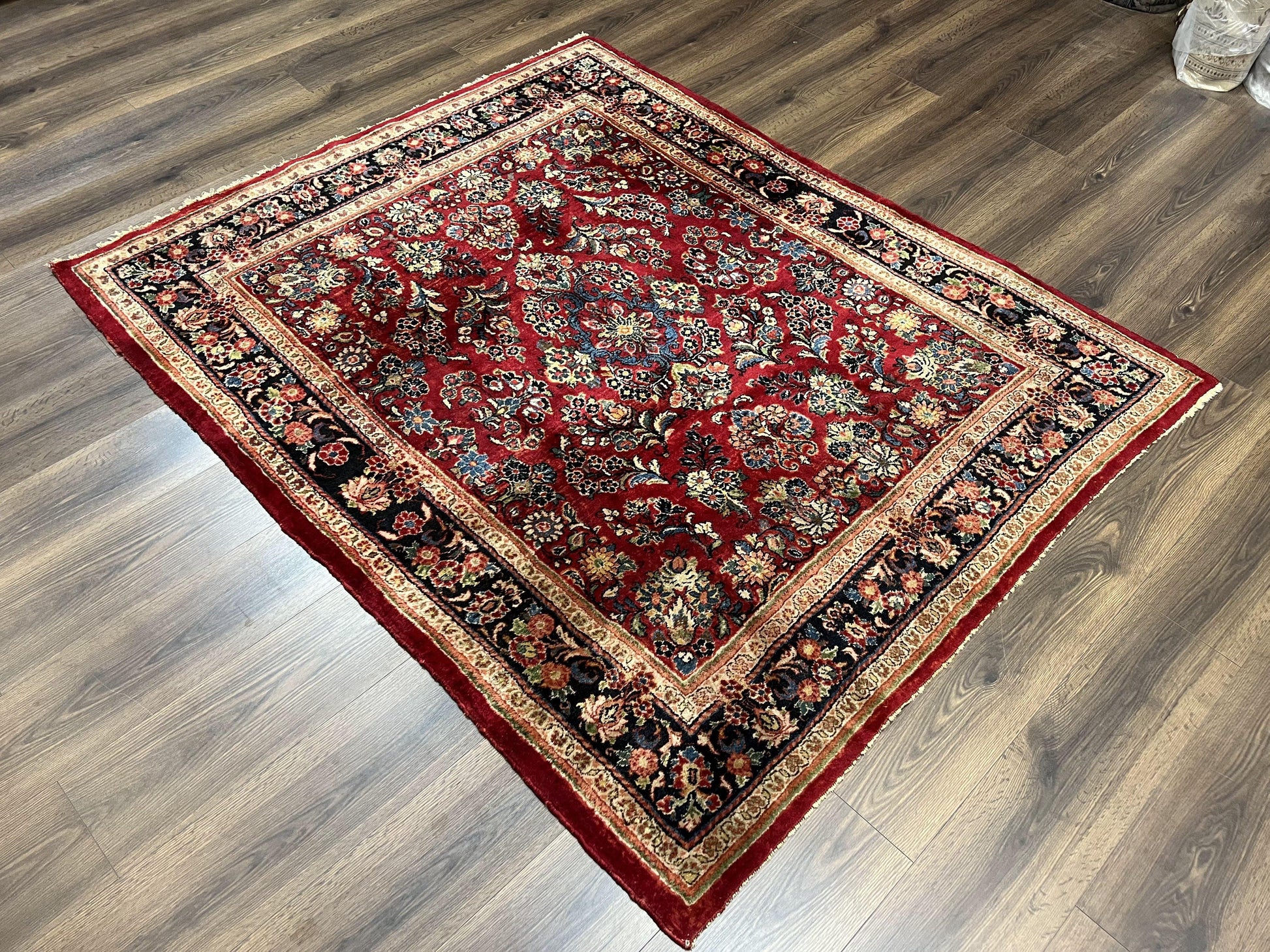 Rare Persian Almost Square Rug 6.3 x 5.3, Hand Knotted Wool Antique 1920s Sarouk Oriental Carpet, Red Navy Blue Beige, Floral Allover, 5x6 Area Rug - Nuvé