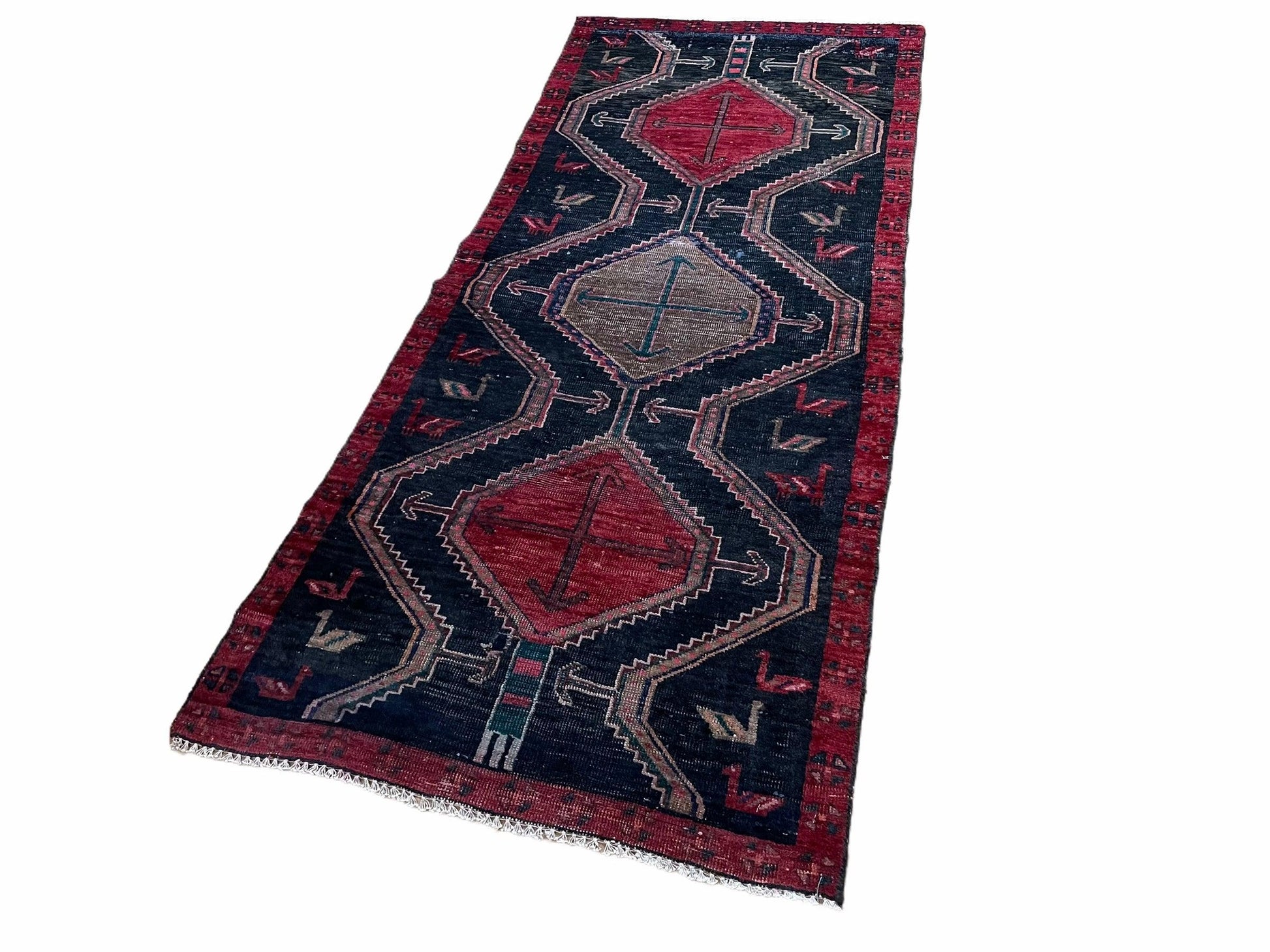 3 X 7 Handmade Wool Tribal Runner Rug Geometric Red Blue Boho Organic Dyes - Nuvé