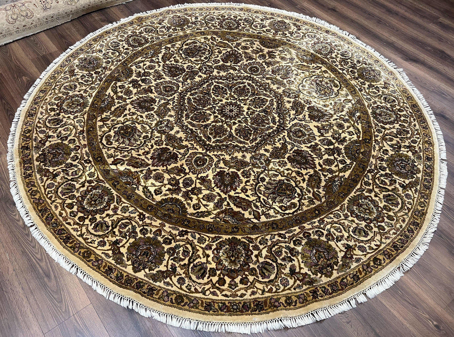 Round Indo Persian Rug 8x8 ft, Large Hand Knotted Vintage Wool Circular Carpet, 8ft Round Oriental Rug, Floral Medallion, Cream and Green - Nuvé