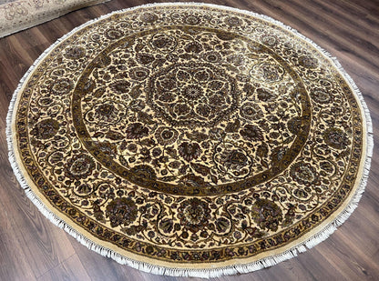 Round Indo Persian Rug 8x8 ft, Large Hand Knotted Vintage Wool Circular Carpet, 8ft Round Oriental Rug, Floral Medallion, Cream and Green