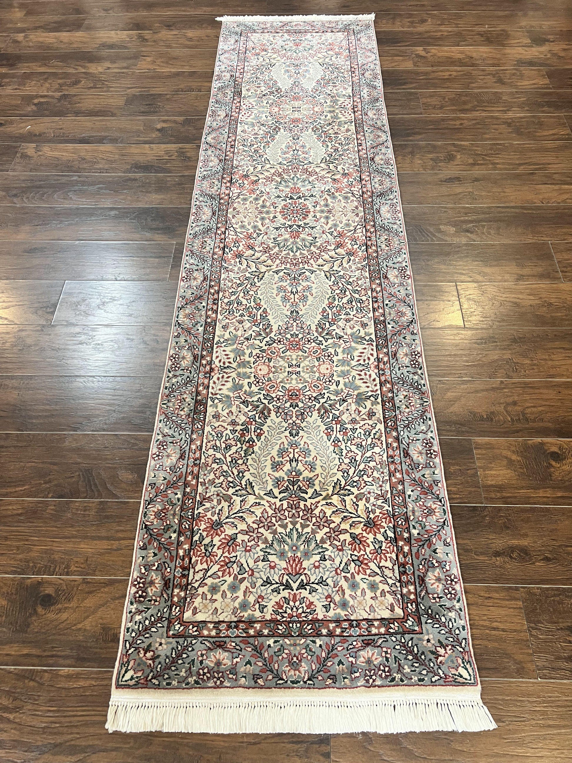 Sino Persian Runner Rug 2.7 x 10, Floral Kirman Lavar Carpet for Hallway, Cream, Handmade Wool Vintage Rug - Nuvé