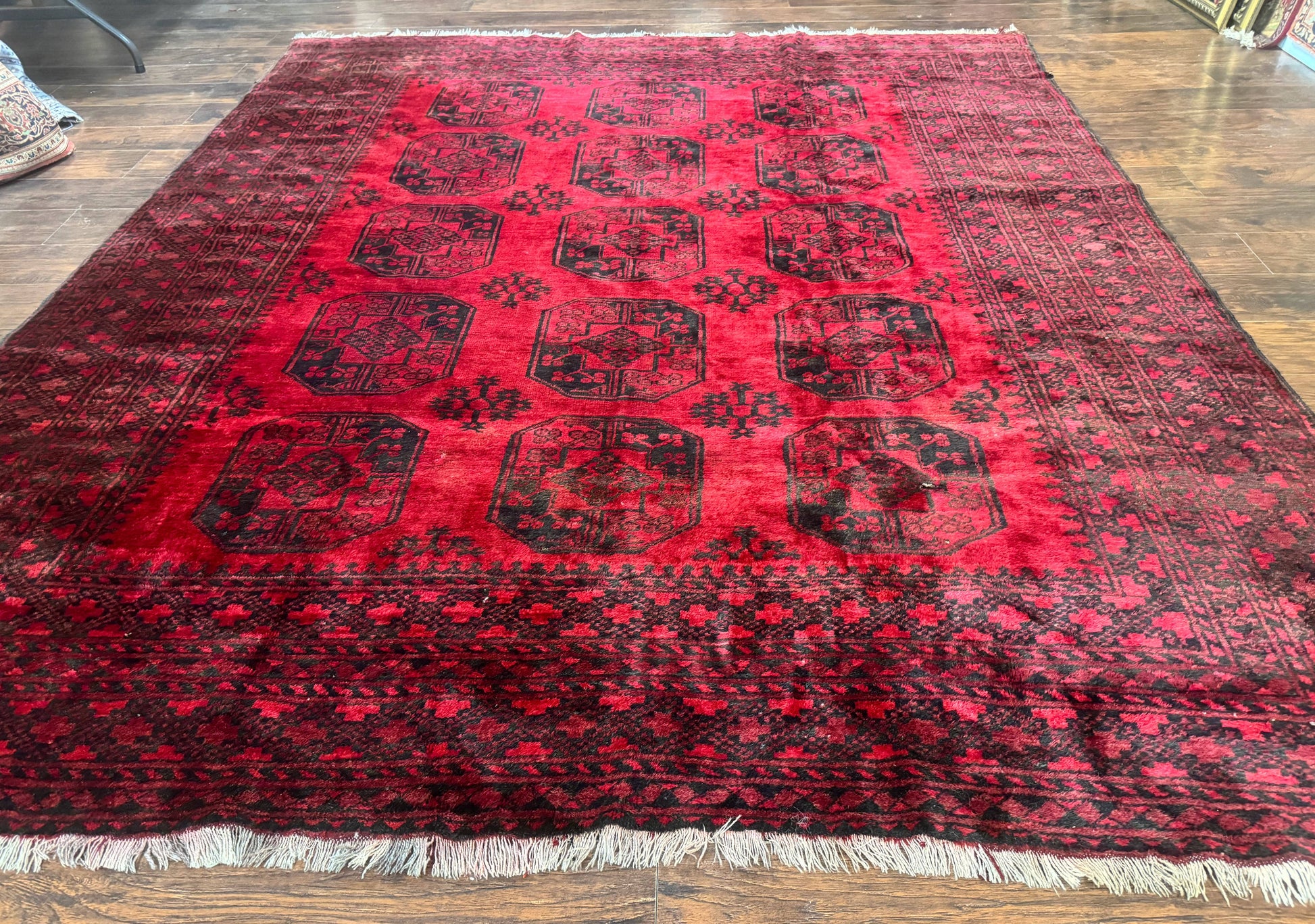 Afghan Turkoman Rug 9x10, Red Beshir Carpet, Tribal, Wool, Antique - Nuvé