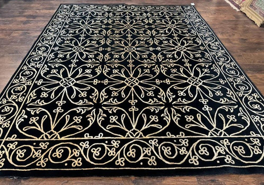 Tibetan Rug 8x10, Wool and Silk, Raised Pattern, Black and Gold, Floral - Nuvé
