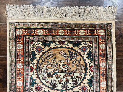 Silk Turkish Rug 2x4, Fine Handmade Oriental Rug, Animal Pictorial Birds Silk Pile on Silk Foundation Vintage Hand Knotted Hereke Carpet - Nuvé