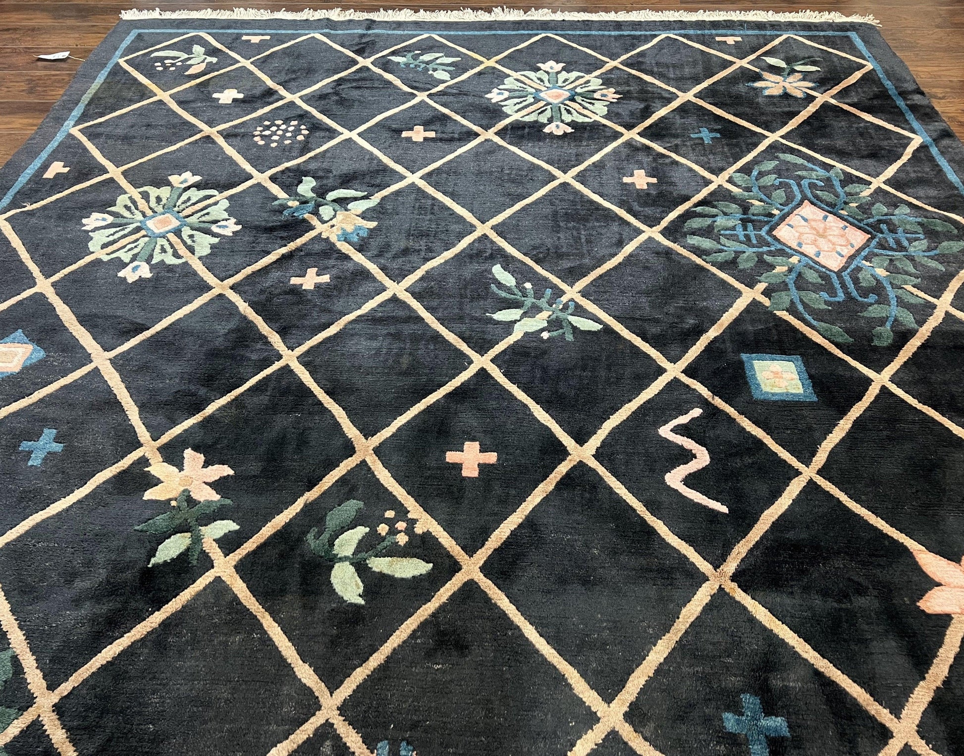 Tibetan Rug 9x12, Hand Knotted Tibet Nepali Contemporary Carpet 9 x 12 ft, Black and Tan, Handmade Area Rug Room Sized, Nepalese Rug - Nuvé