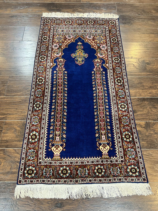 Indo Persian Prayer Rug 3x5, Fine Oriental Carpet, Dark Blue and Red, Vintage Hand Knotted Handmade Prayer Rug - Nuvé