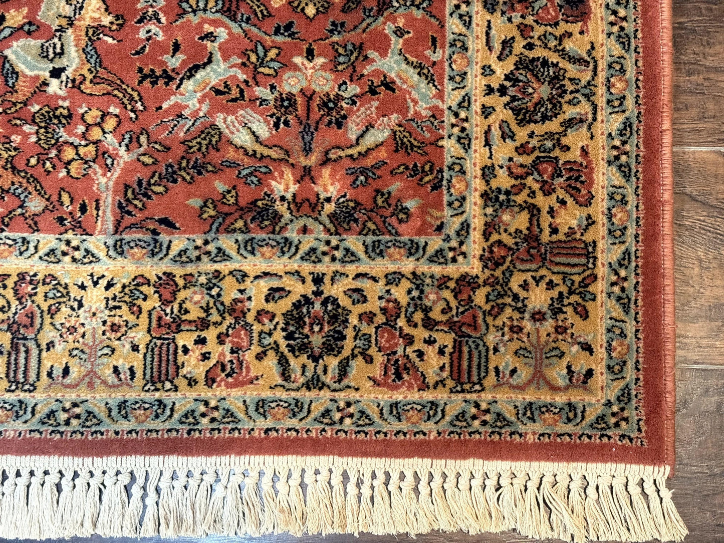 Persian Hunting Design Rug 4.7 x 6.5, Hunting Scene, Red-Orange, Wool, Belgian Power Loomed Carpet - Nuvé