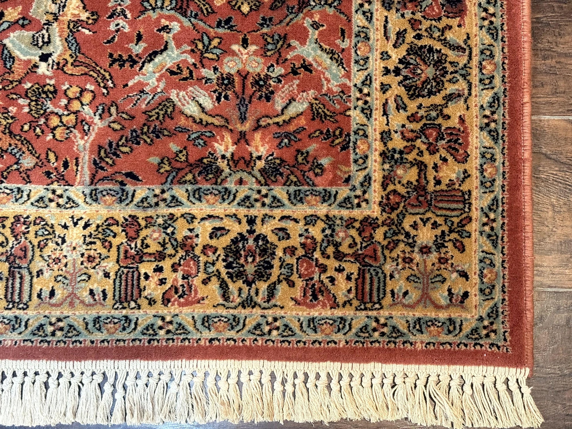 Persian Hunting Design Rug 4.7 x 6.5, Hunting Scene, Red-Orange, Wool, Belgian Power Loomed Carpet - Nuvé