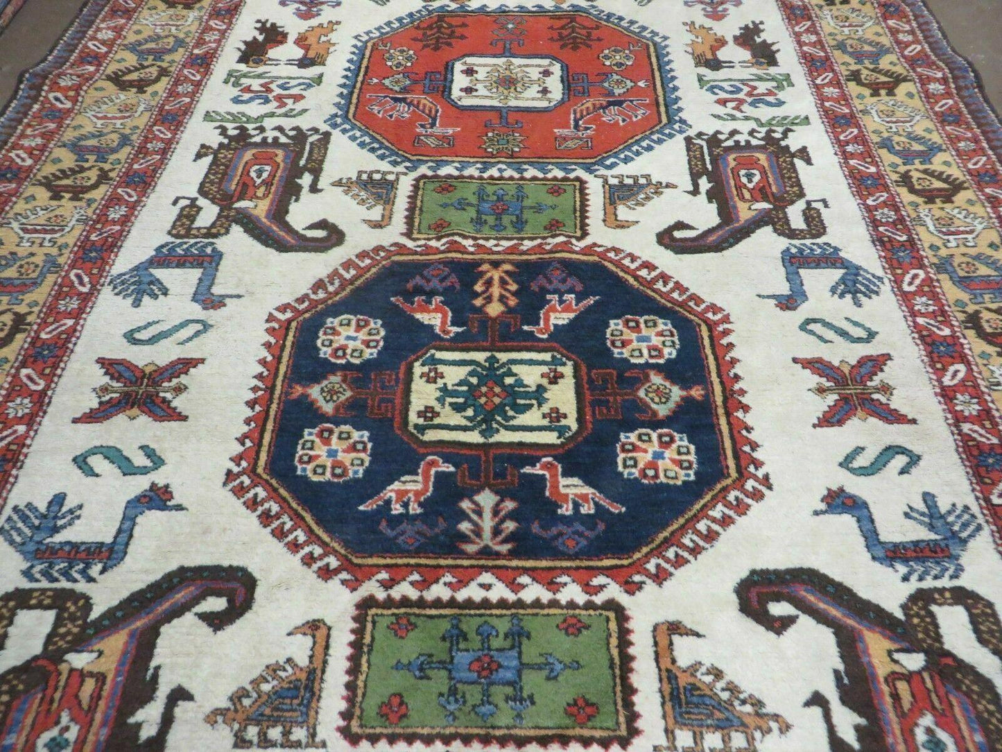 7' X 10' Vintage Handmade Knotted Turkish Wool Rug Birds Animal Ivory Organic - Nuvé