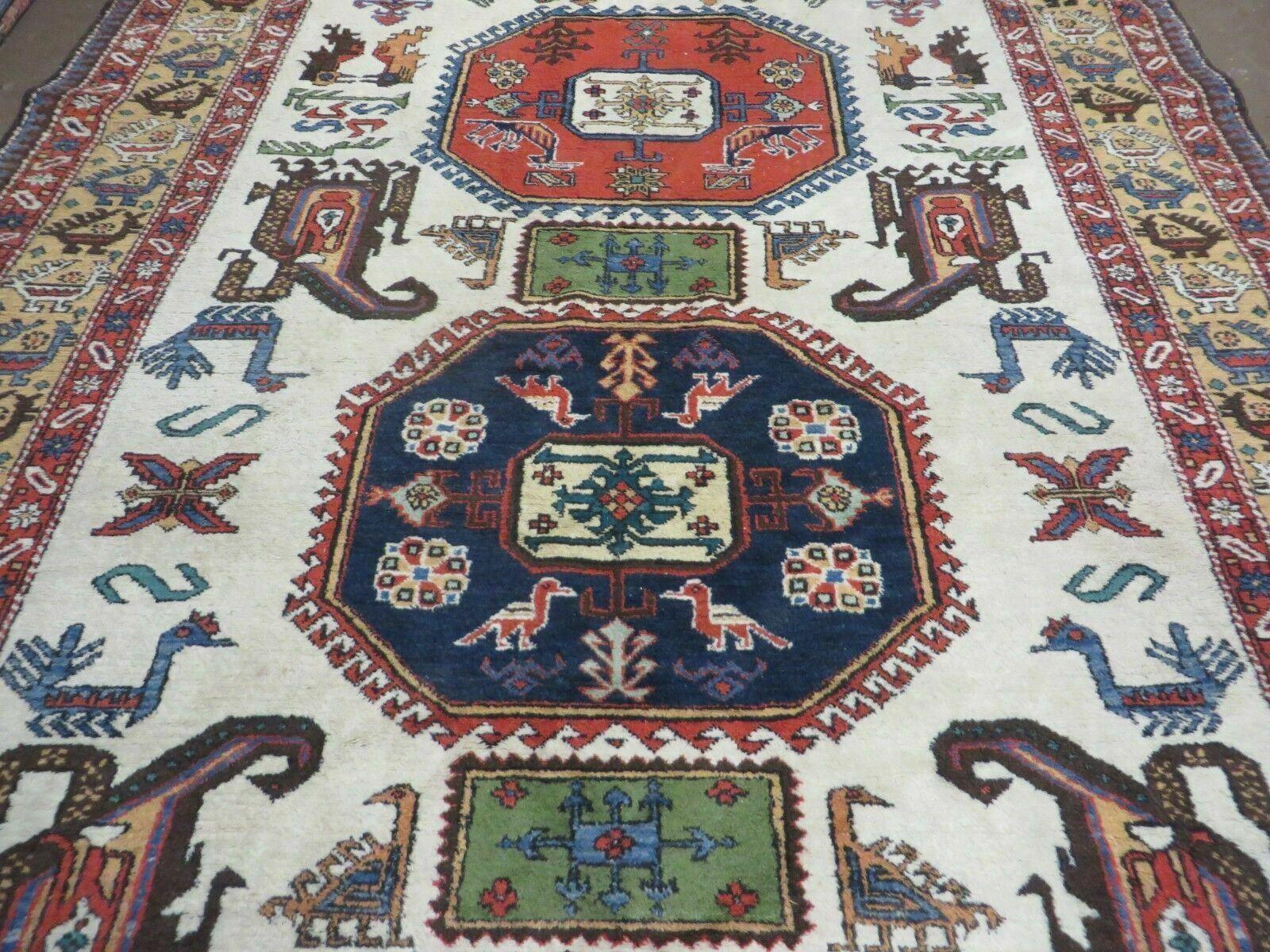 7' X 10' Vintage Handmade Knotted Turkish Wool Rug Birds Animal Ivory Organic - Nuvé