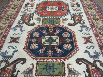7' X 10' Vintage Handmade Knotted Turkish Wool Rug Birds Animal Ivory Organic - Nuvé
