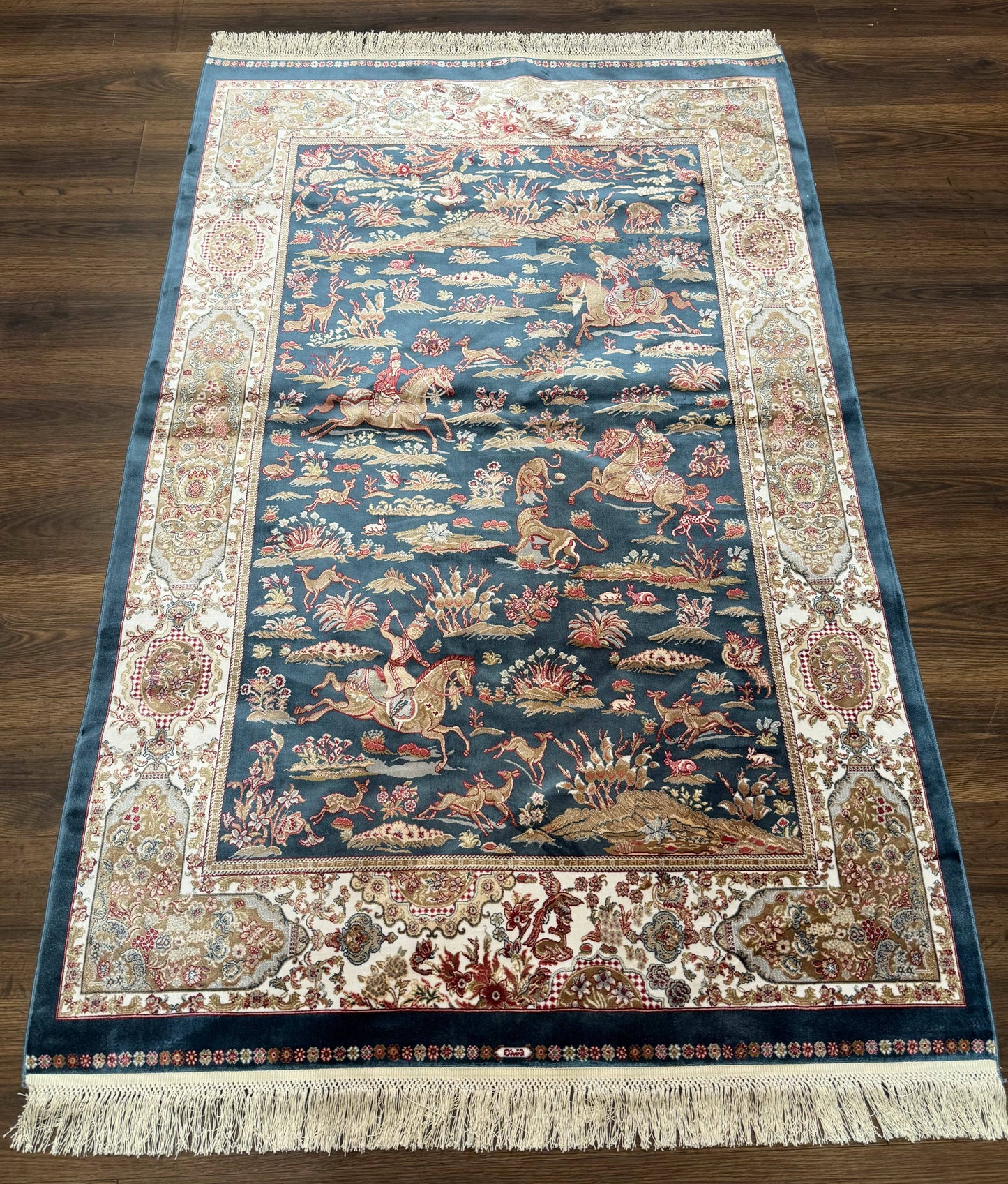 Turkish Silk Hunting Design Rug 4x6, Dark Steel Blue & Ivory, Bamboo Silk, New - Nuvé