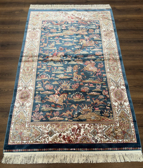 Turkish Silk Hunting Design Rug 4x6, Dark Steel Blue & Ivory, Bamboo Silk, New - Nuvé
