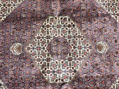 Indo Persian Bidjar Rug 8x10, Purple and Ivory Hand Knotted Wool Vintage Oriental Carpet, Herati Mahi Pattern, 8 x 10 Traditional Fine Rug - Nuvé